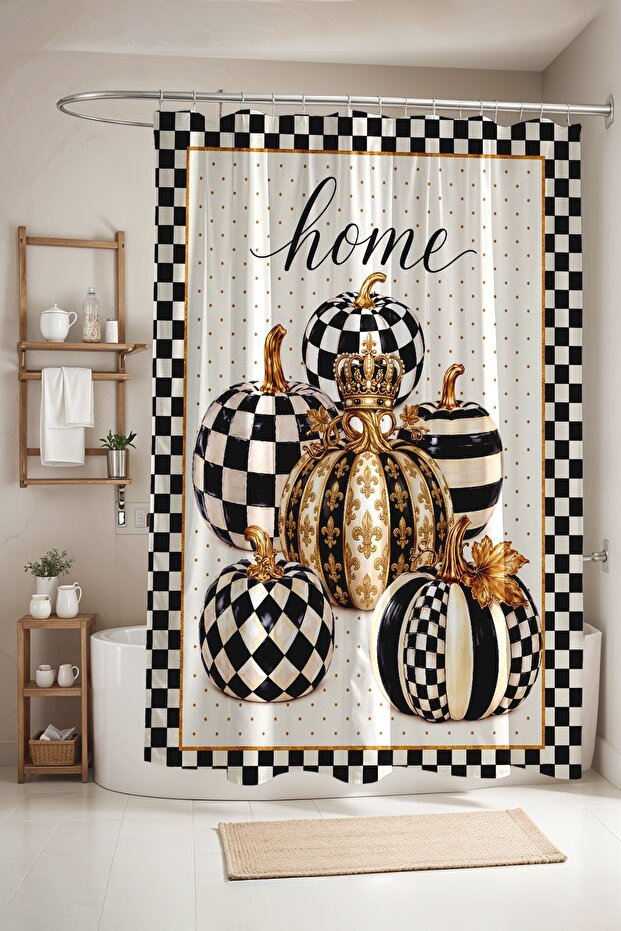 Bathroom Curtain, Checkered Honey Pumpkins Patterned Shower Curtain, Bathtub Curtain 175X200Cm