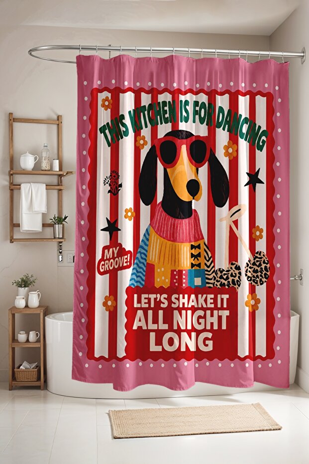 Bathroom Curtain, Dog Pattern Shower Curtain with Glasses, Bathtub Curtain 175X200Cm