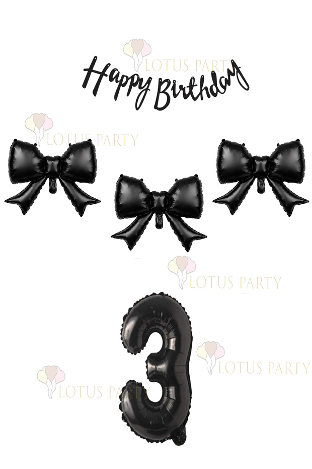 3 Pieces of Black Bow Balloons, 1 Piece of Black Number Balloon, 1 Piece of Black Happy Birthday Text Balloon.