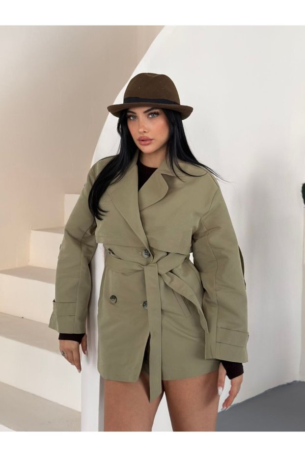 New Season Women's Oversize Belt Detailed Double-Breasted Collar Midi Trench Coat