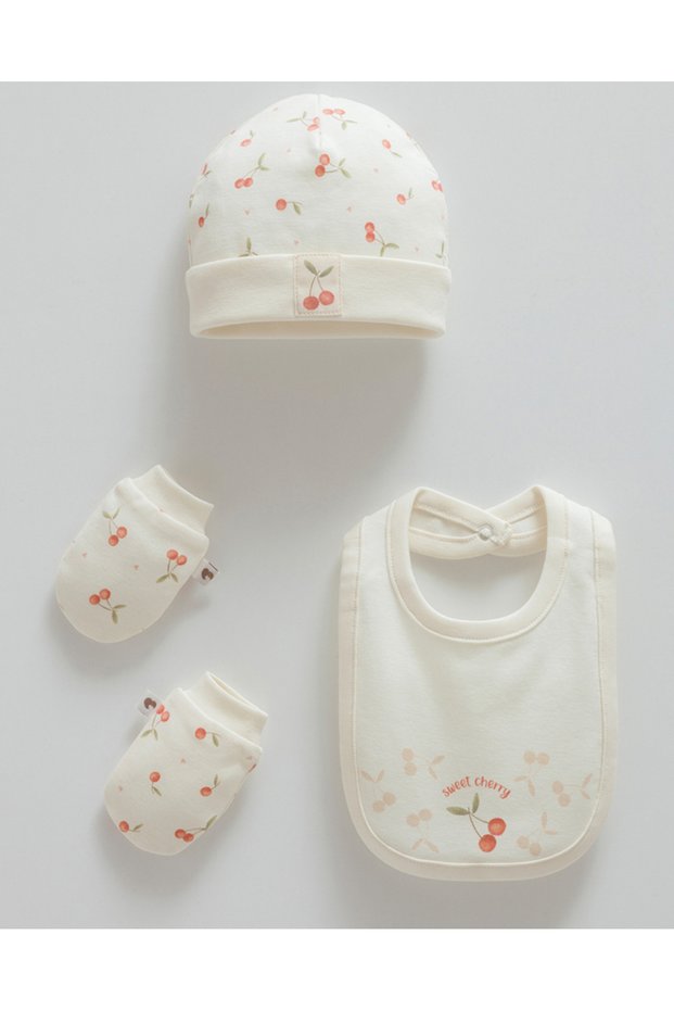 Caramell 100% Cotton Premium Cherry Baby Girl Beanie & Bib Set with Gloves Gift Boxed