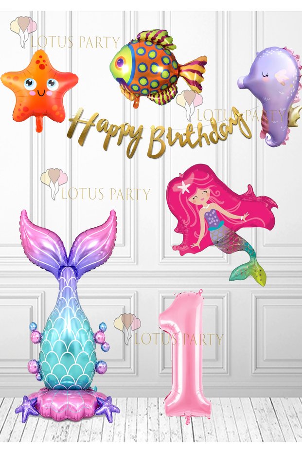 Mermaid Set Purple Sea Horse - Colorful Fish - Mermaid - Mermaid Tail Balloon Number Balloon Banner 1 Year Old