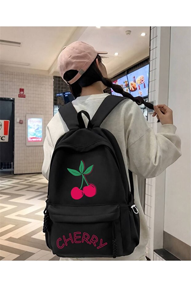 Black Chery Printed School, Office, Course Backpack