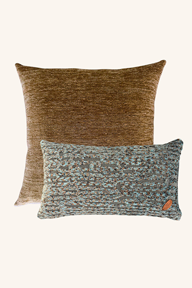 Dark Mustard Turquoise Patterned 2-Piece Filled Throw Pillow Set