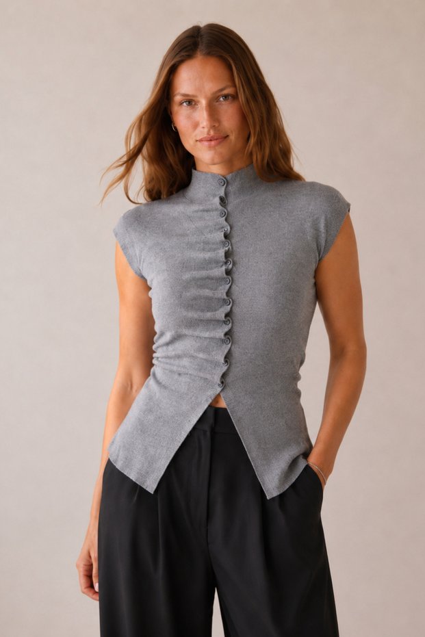 Women's Gray Draped Short Sleeve Knitwear Cardigan