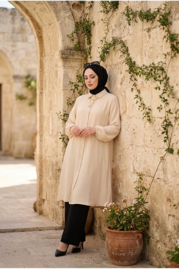 Women's Hijab Cream Shirt with Collar, Buttoned, Elastic Waist, Aerobin Woven Long Tunic