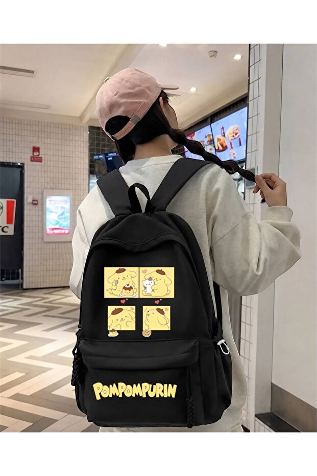Black Pompom Purin Printed School, Office, Course Backpack
