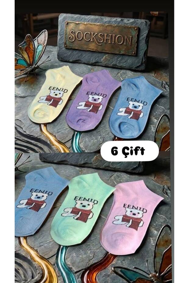 Pastel Colors Sweet Teddy Bear Motif 6-Piece Women's Socks Combination