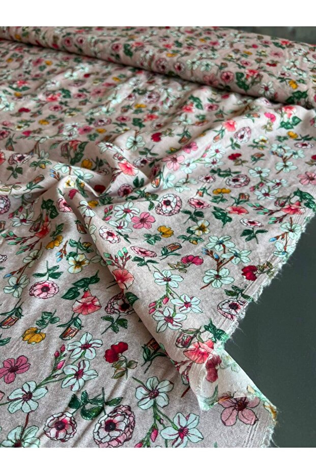 Crispy Floral Patterned Voile Viscose Linen Fabric Thin Double by the Meter