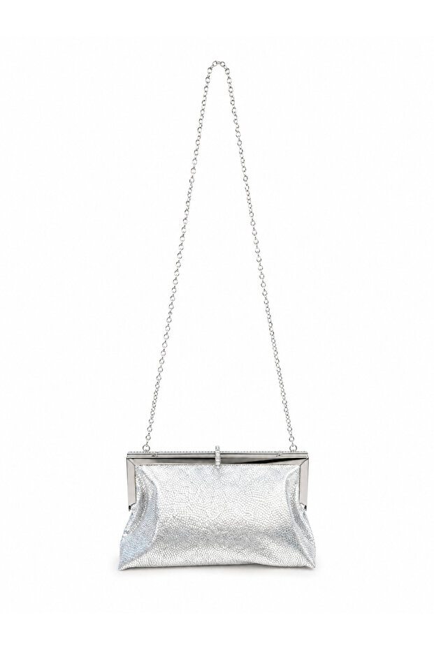 Roselle Patterned Glitter Clutch Evening Bag Silver