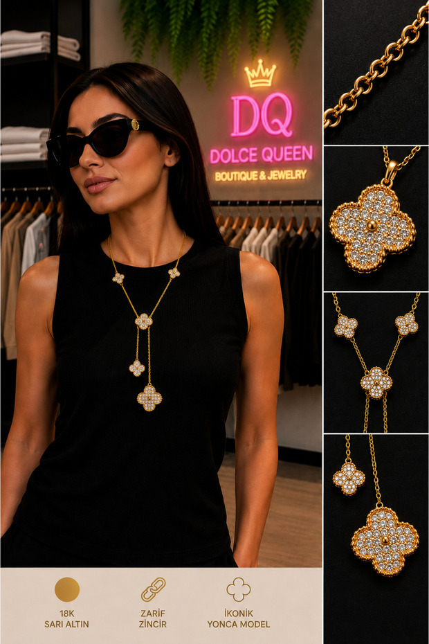 Women's Multi-Clover Motif Elegant Chain Necklace with Dangle