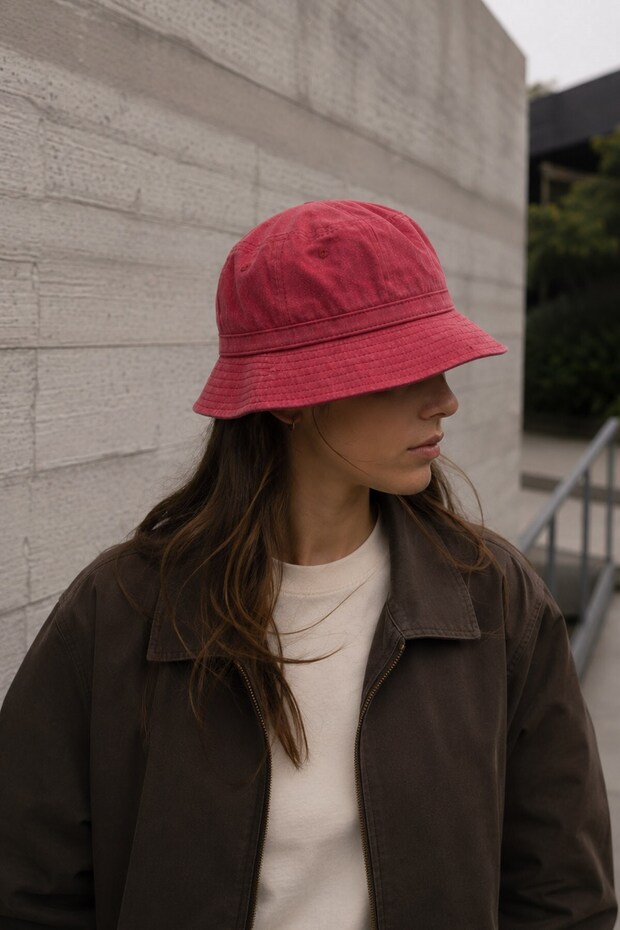 Unisex Washed Red Bucket Hat Cotton Fisherman Hat