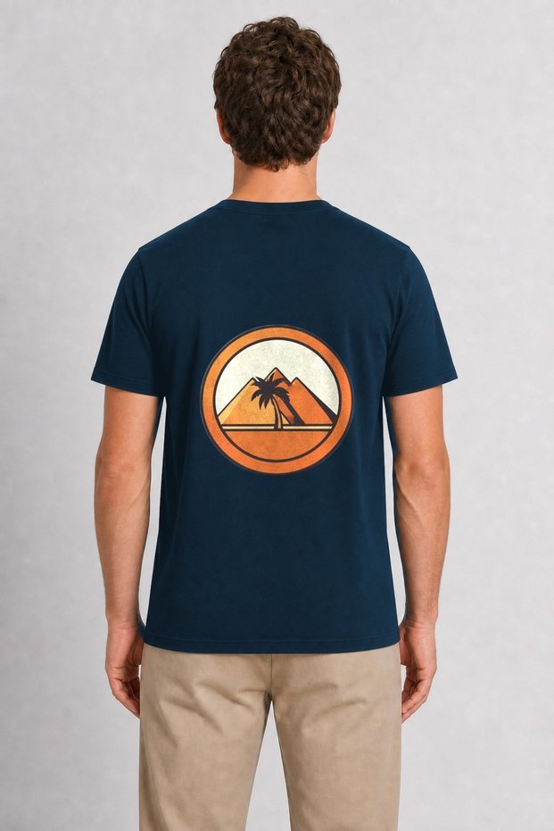 Men's Cairo Pyramids Themed Retro Graphic Back Print - Navy Blue
