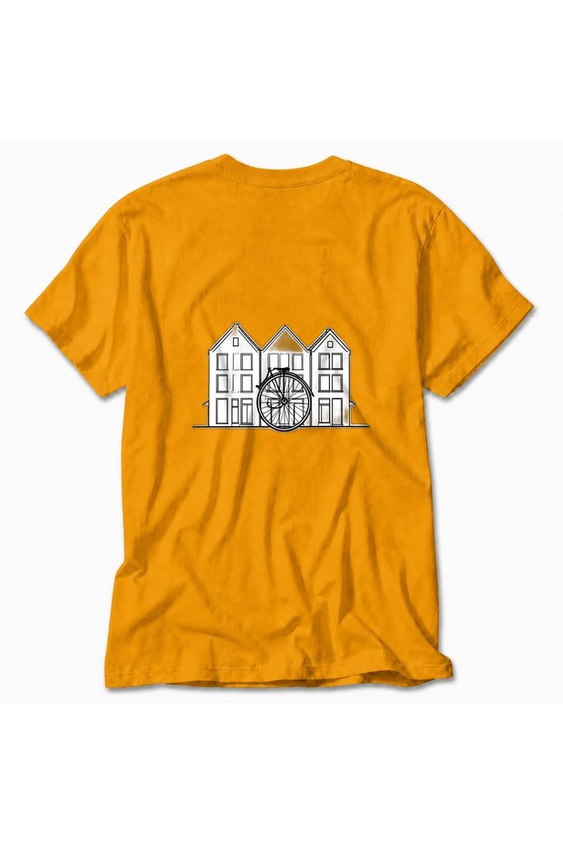 Women's Amsterdam Houses and Bicycles Minimal Drawing Back Print - Yellow