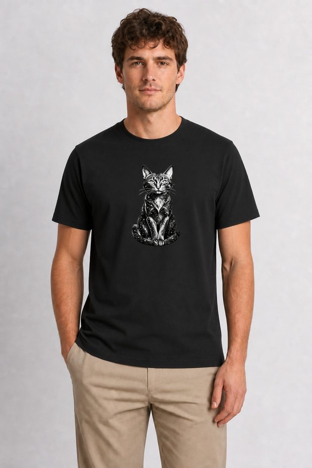 Men's Tattoo Style Mystic Cat Graphic - Black