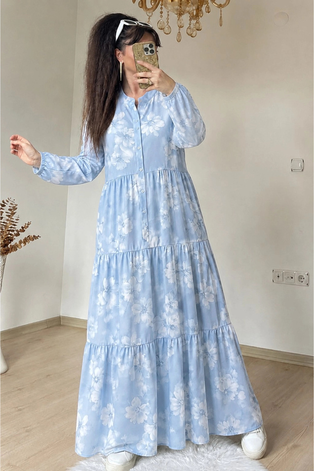 Floral Patterned Patched High Collar Casual Dress Blue