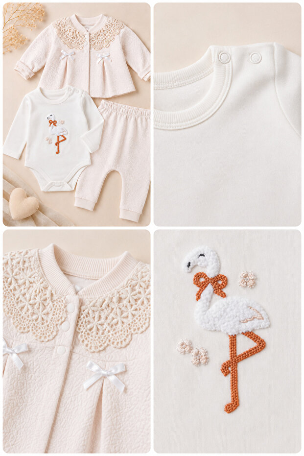 Kiz Baby Girl Patterned 3-Piece Set Jacket, Snap Fastener Bodysuit and Pants Set