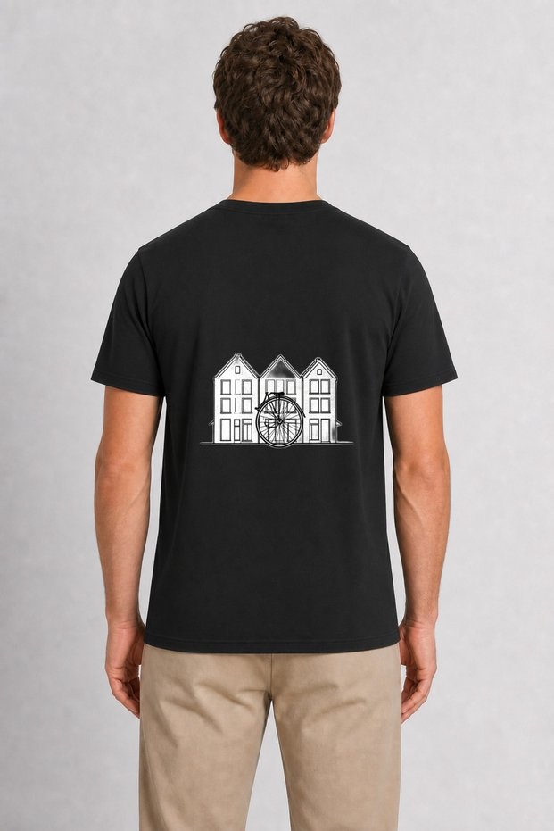 Men's Amsterdam Houses and Bicycles Minimal Drawing Back Print - Black