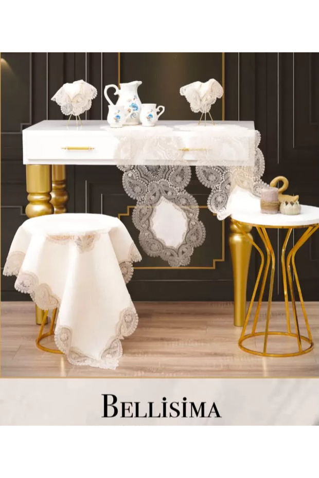 Living Room Set 5 Pieces Linen Lace Tablecloth Runner Set Bellisima Model No 800 -Cream-Cappuccino