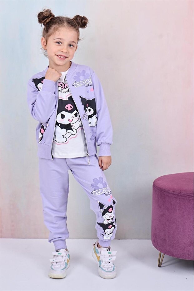 Character Printed Combed Cotton Jacket - Combed Cotton Sweatshirt - Combed Cotton Pants Girls' 3-Piece Set