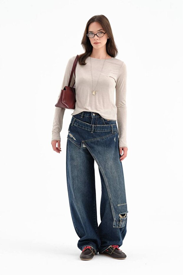 Women's Double-Piece Look Balloon Fit Design Jeans