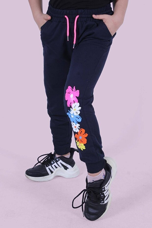 Floral Patterned Girl's Double Pocket Navy Blue Sweatpants