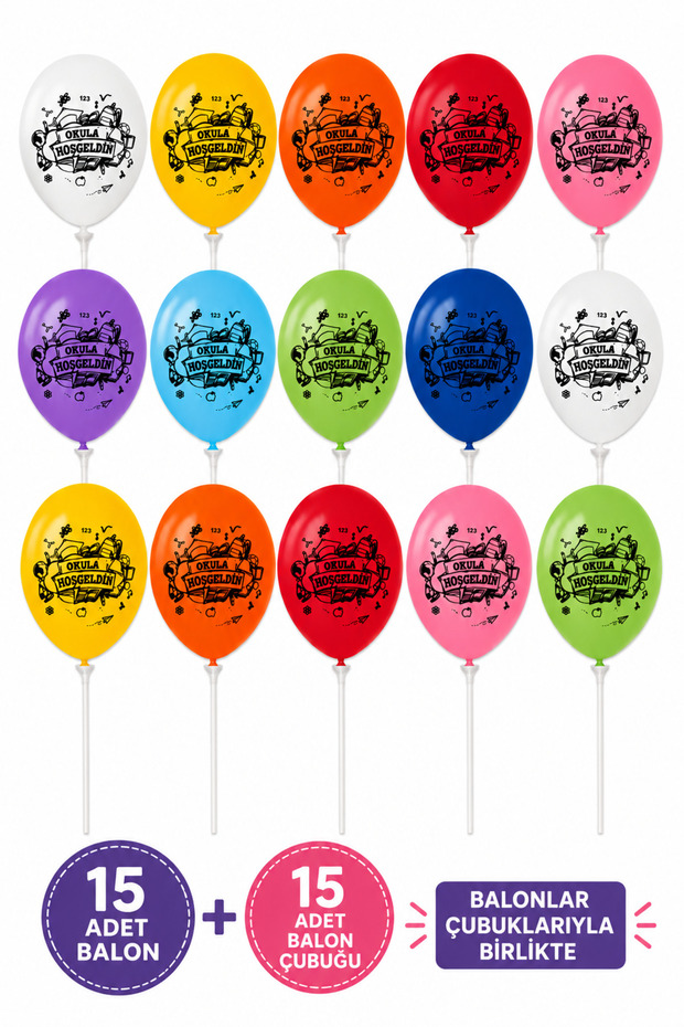 15 Pieces of Welcome-To-School Balloons and Balloon Sticks with Names That Can Be Written On. Large Size.