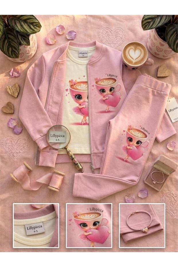 Character Printed Combed Cotton Jacket - Combed Cotton Sweatshirt - Combed Cotton Pants Girls' 3-Piece Set