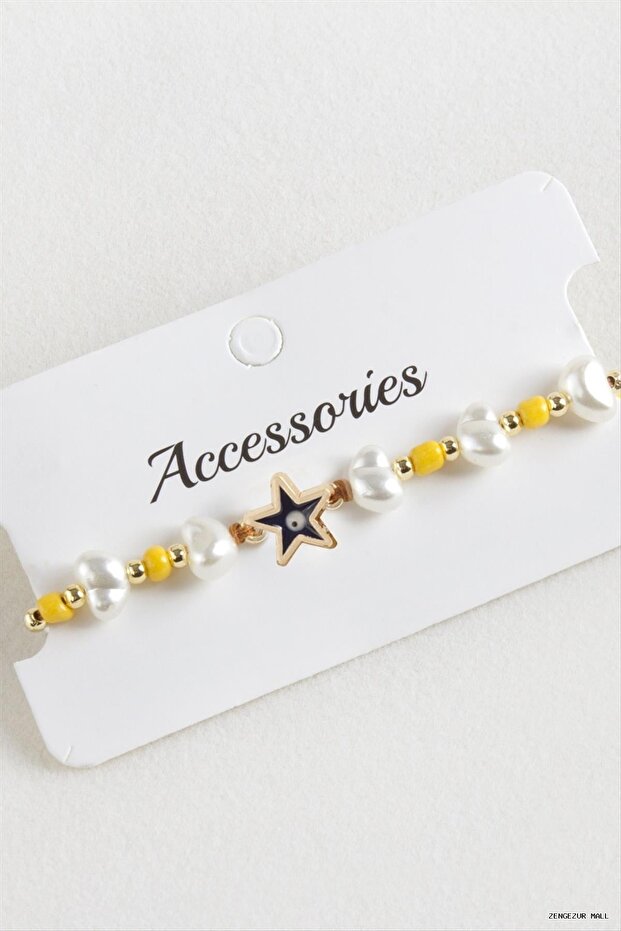 Zngzrmll Starfish Beads Pearl Macrame Rope (13756) Bracelet Yellow