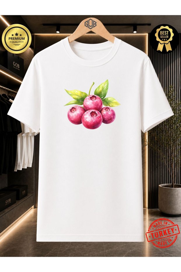 Unisex Red Berry Fruit Printed Oversize 100% Cotton White T-Shirt