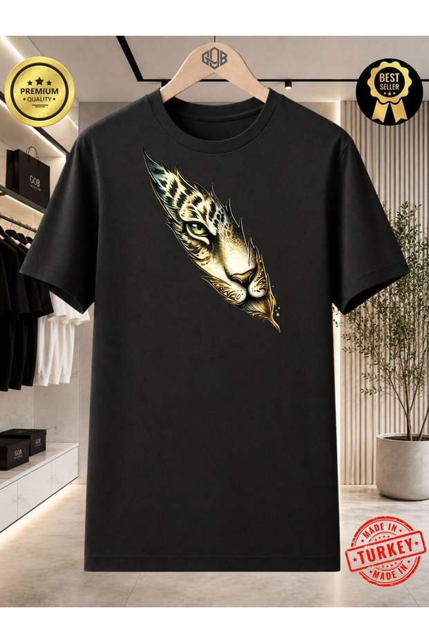 Unisex Leopard Tiger Patterned Graphic Printed Oversize Cotton Black T-Shirt