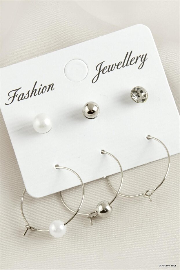 Zngzrmll 6Pcs Pearl Hoop Cz Earrings 2.5cm (33826) Silver Color
