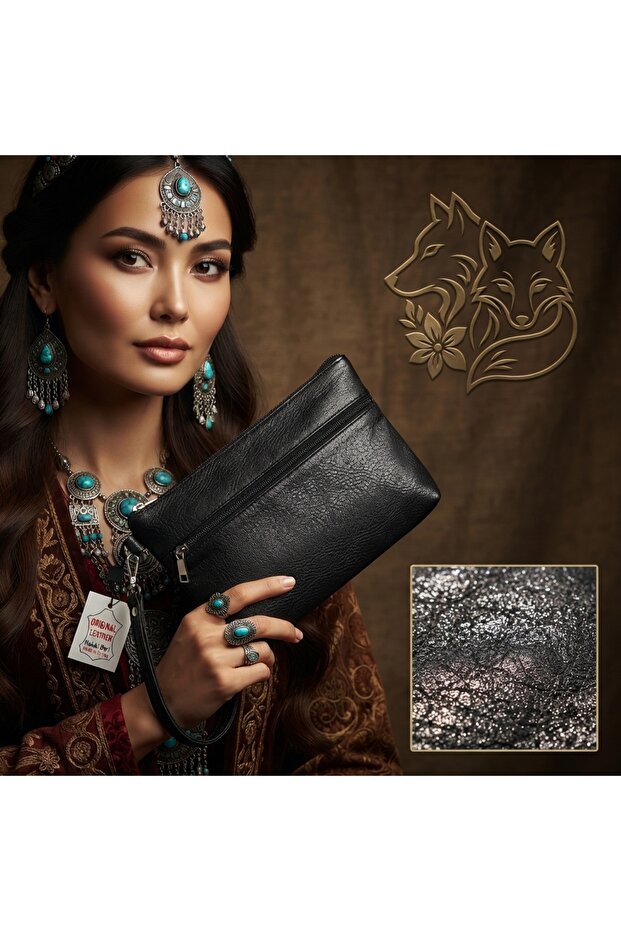Genuine Lambskin Patterned Design Clutch Handbag with Removable Strap 20X13 cm