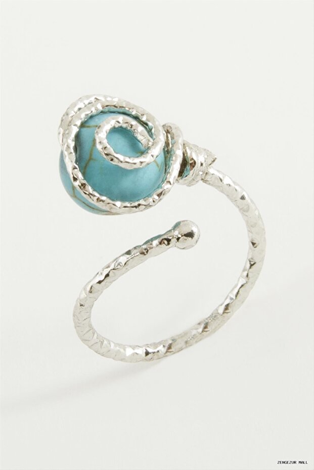 Zngzrmll Flower Turquoise Stone Metal Ring (54519) Silver Color