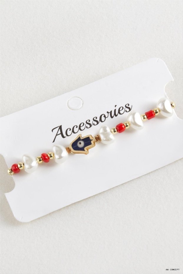 Concepta Ftm Ana Eli Beaded Pearl Macrame Rope (05027) Bracelet Red