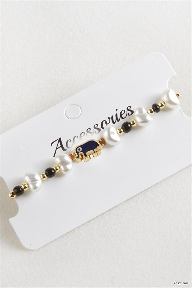 Ilkestor Elephant Bead Pearl Macrame Cord (61350) Bracelet Black