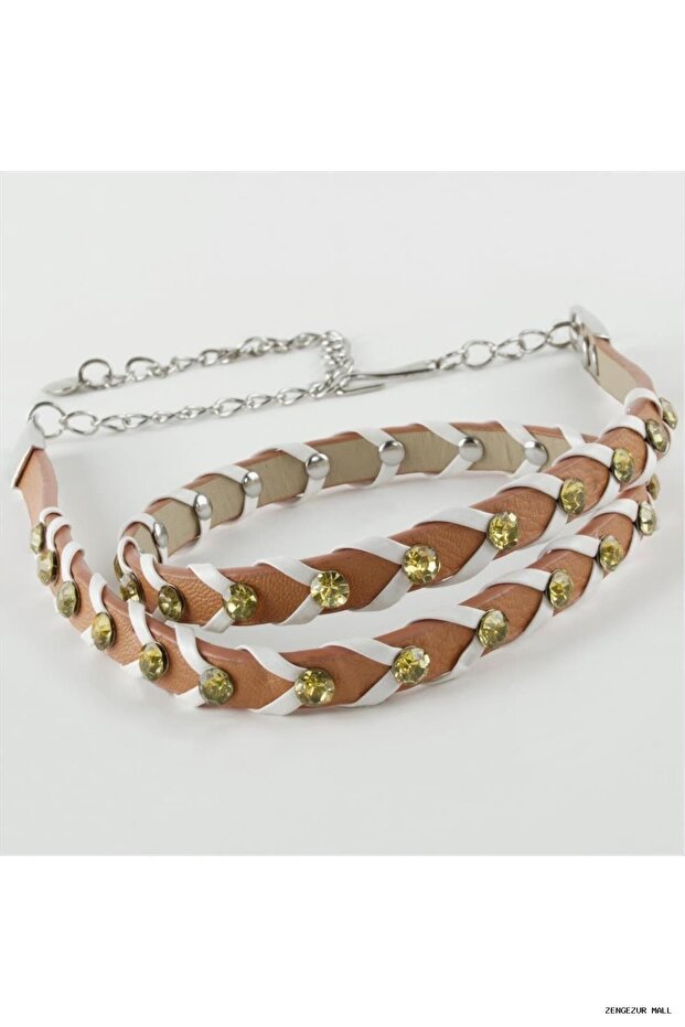 Zngzrmll Braided Leather Belt with Stones (63345) Brown