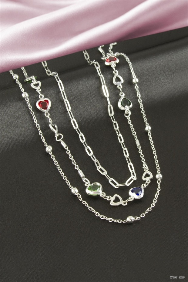Ilkestor Heart Crystal Stone Triple Necklace (55536) Silver Color
