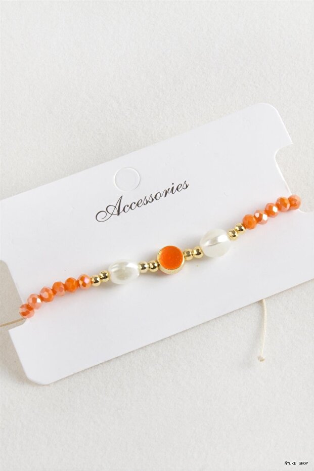 Ilkestor Enamel Pearl Crystal Macrame Cord (64854) Bracelet Orange