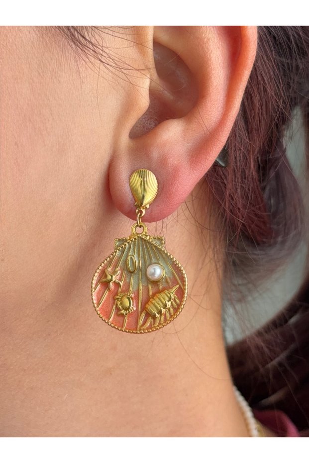 Pearl Detailed Crab Sea Shell Starfish Steel Earrings