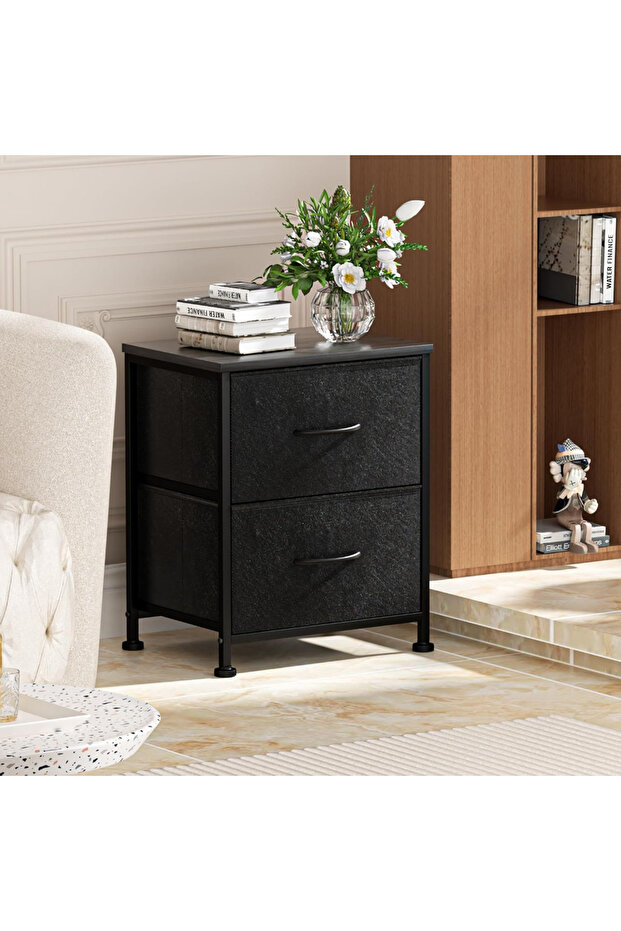 Rustic Nightstand with 2 Fabric Drawers, Metal Frame Bedside Storage Cabinet, End Side Table for Bedroom