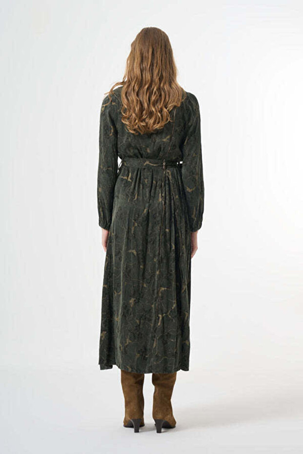 Long Patterned Dress with Sash-Zipper Detail