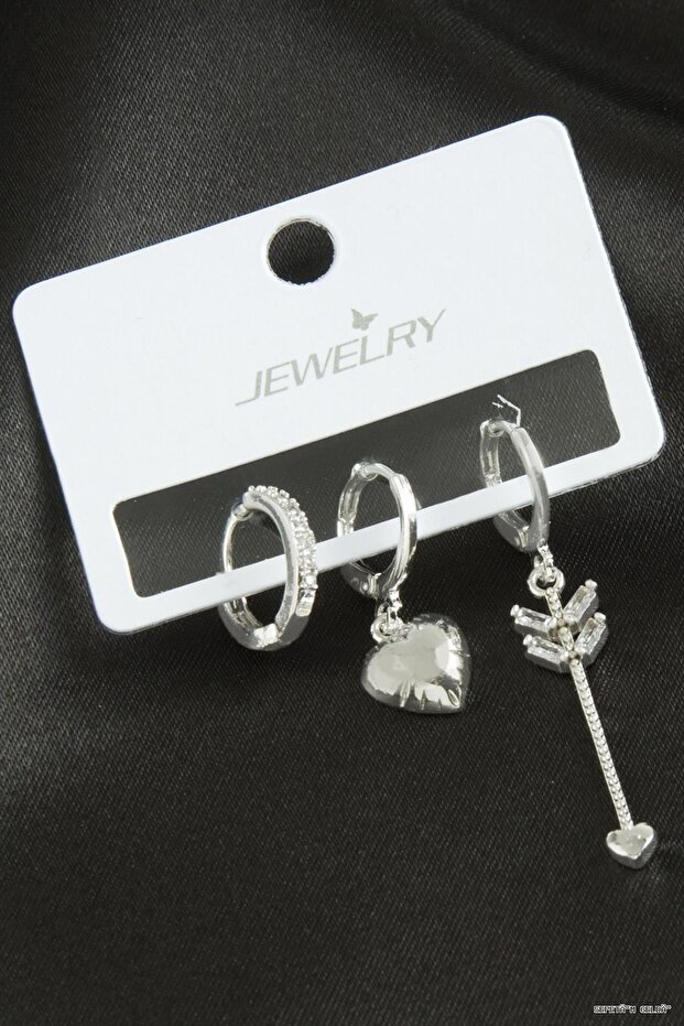 Spt-Gld 3 Pieces Heart Zircon Stone Earrings (113120) Silver Color