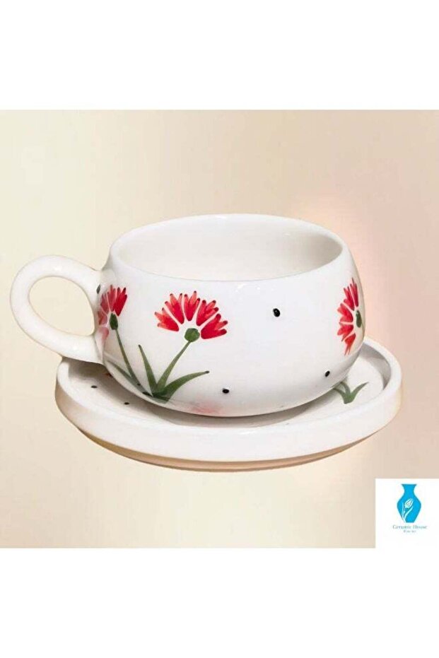 Hand-Painted Ceramic Coffee Tea Mug and Saucer Set, White with Red Floral Design