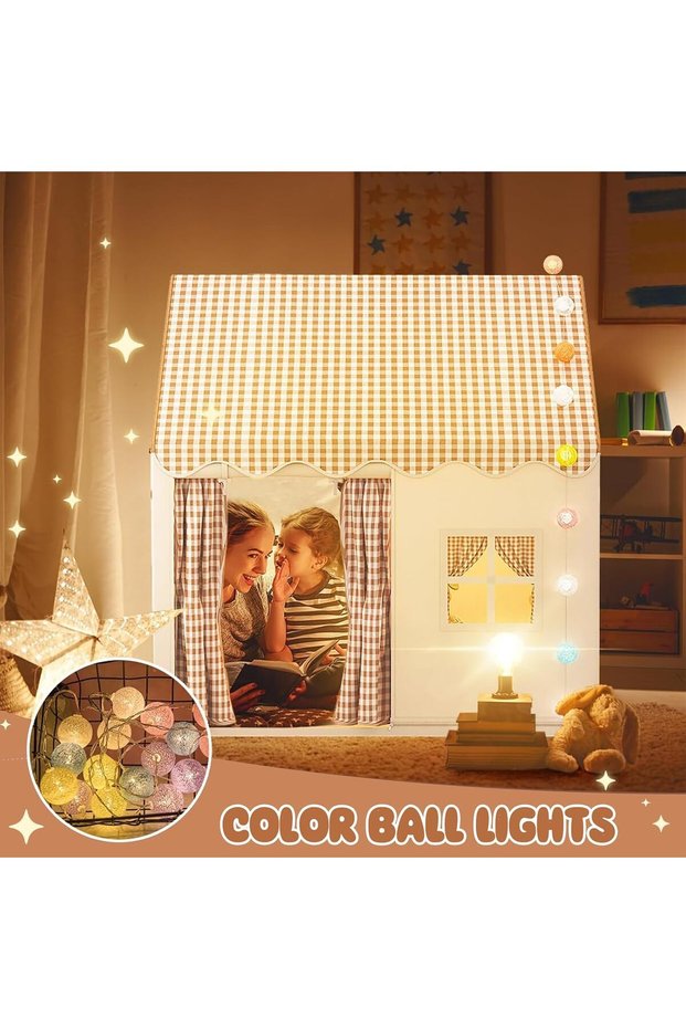 Large Kids Tent with LED Lights & Party Decor, Indoor/Outdoor Playhouse for Boys & Girls Ages 3-10, Princess Castle Design for Birthday, Room Decor & Family Gatherings