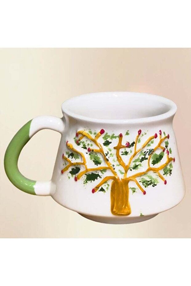 Handmade Ceramic Mug with Tree Design, Green Handle