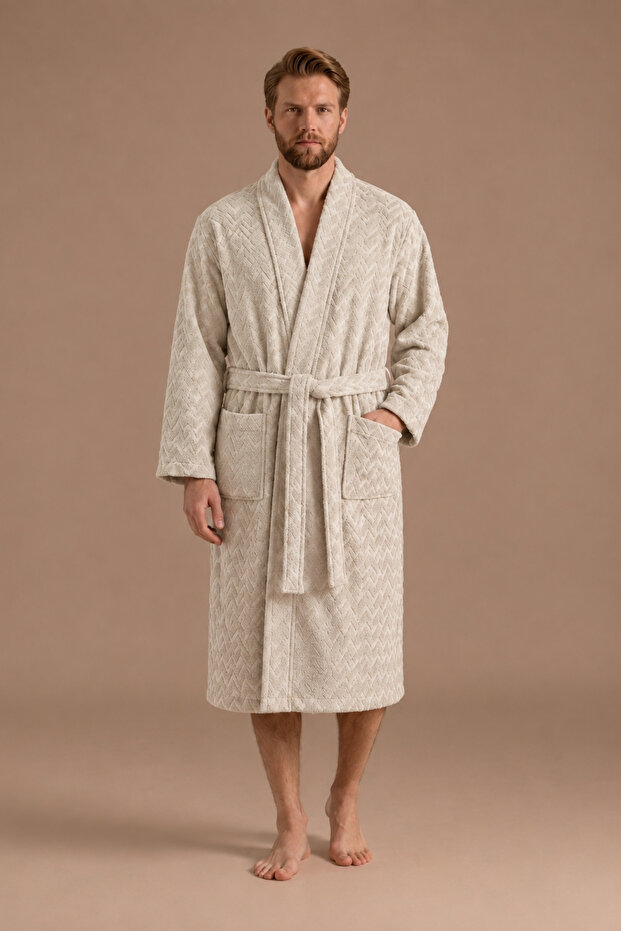 Atlas Kimono Collar Men's Bathrobe – Light Beige 100% Cotton