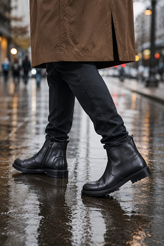 Men's Black Zippered Ankle Boots Classic Daily City Boots Stylish Thick Sole