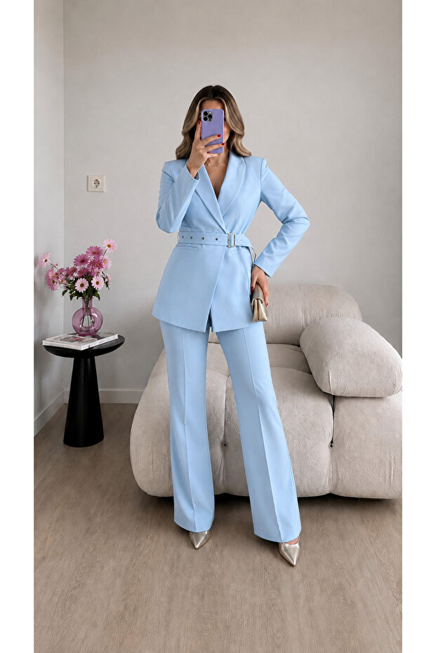 Eyelet Belted Jacket and Trousers Double Blazer Suit