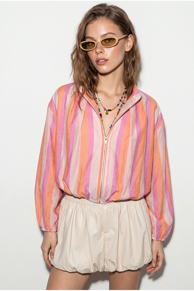 Women's Multi-Colored Stand-Up Collar Zippered Striped Drawstring Detailed Bomber Jacket 3632 60286455